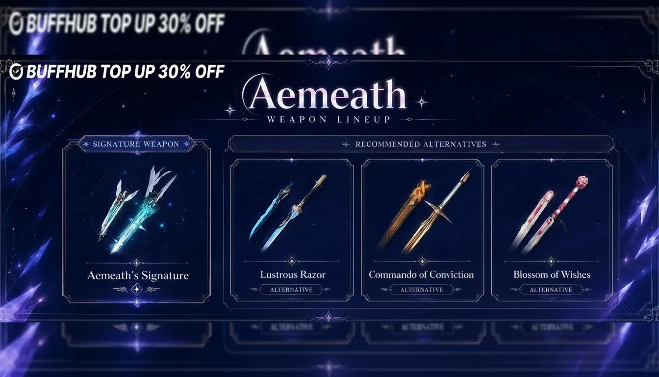 Aemeath weapon guide showcasing her signature weapon alongside strong alternative sword choices for different builds.