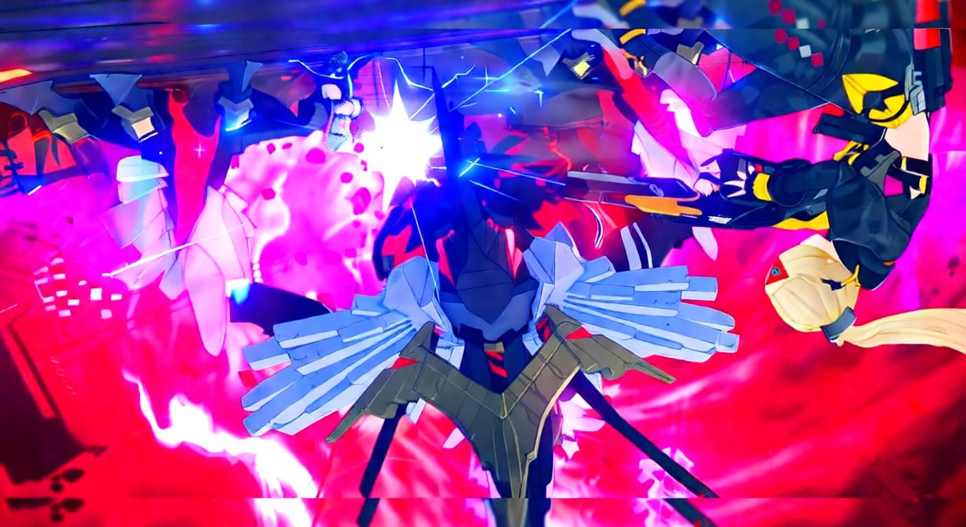 Two characters fighting a large boss with glowing red and purple effects in the background