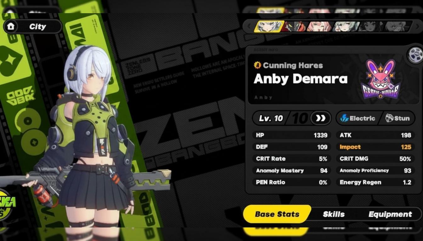 A character screen in Zenless Zone Zero showing Anby Demara's base stats, including Anomaly Mastery and Anomaly Proficiency, and her