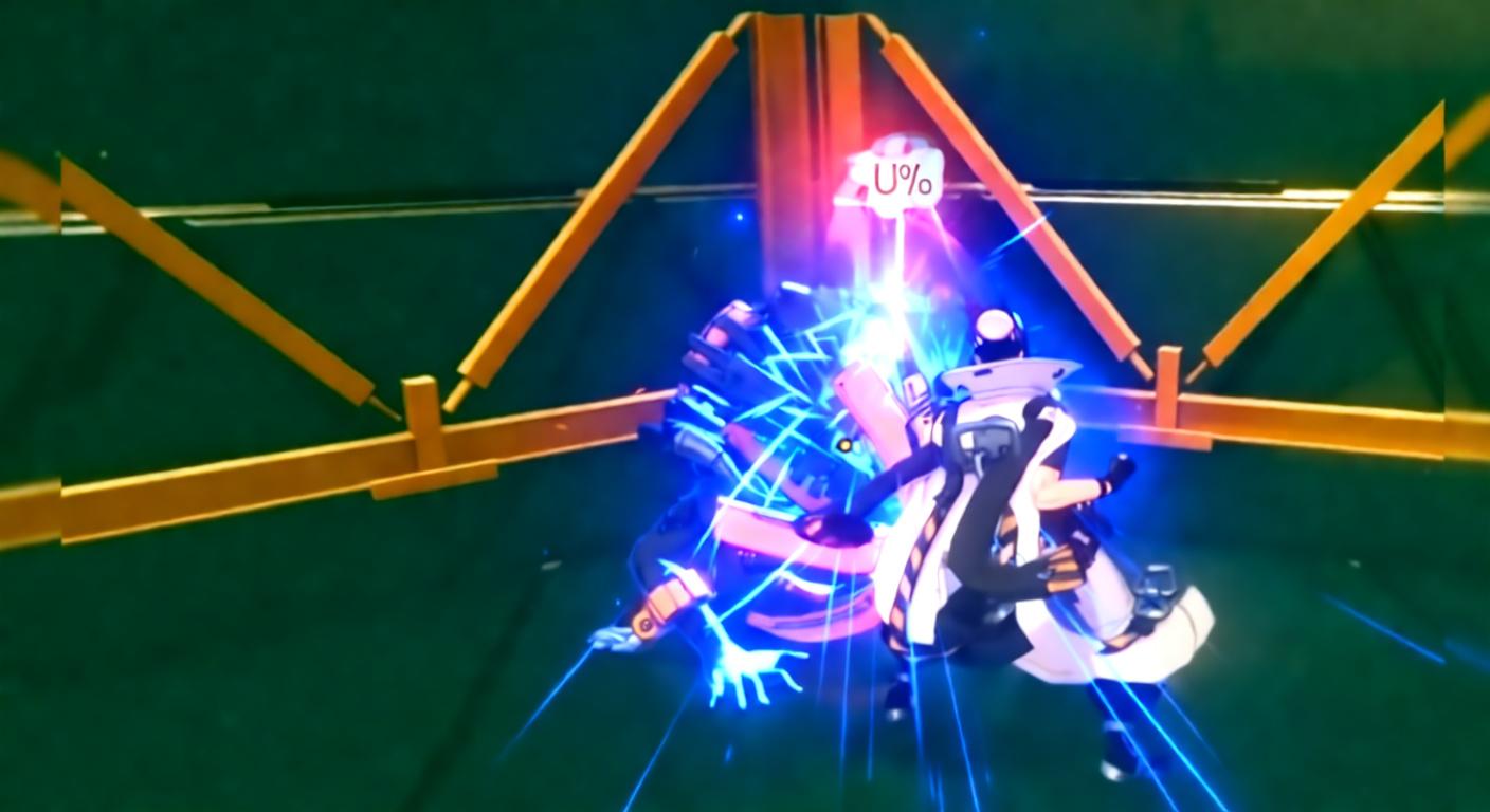 A character in Zenless Zone Zero inflicts a "SHOCK" attribute anomaly on an enemy, with a damage number visible above