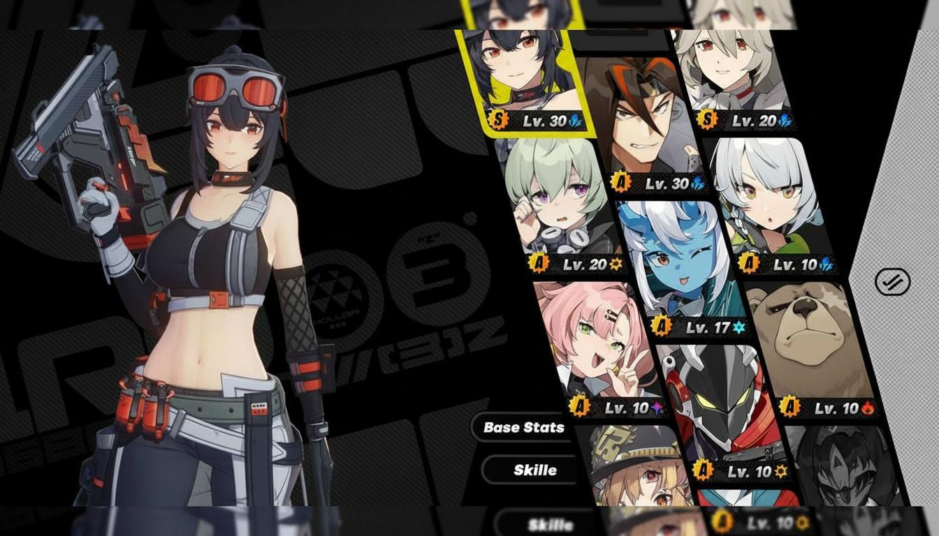 A character selection screen in Zenless Zone Zero, showing a female character with a gun on the left and a