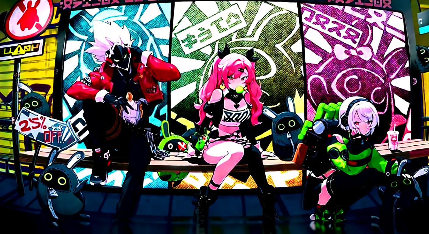 Three characters from Zenless Zone Zero, two women and one man, sitting on a bench with small rabbit-like creatures around