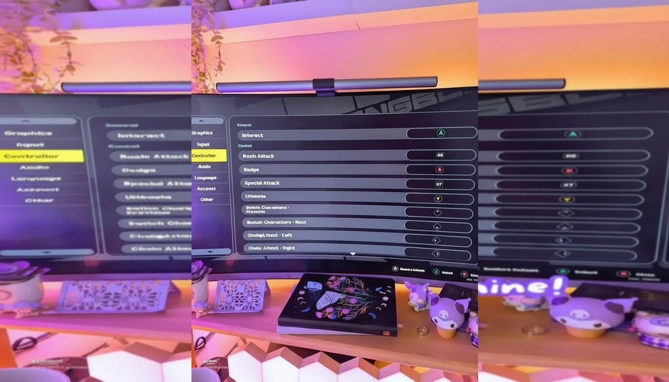 A computer screen shows the controller settings menu for Zenless Zone Zero, detailing button assignments like RB for Bas