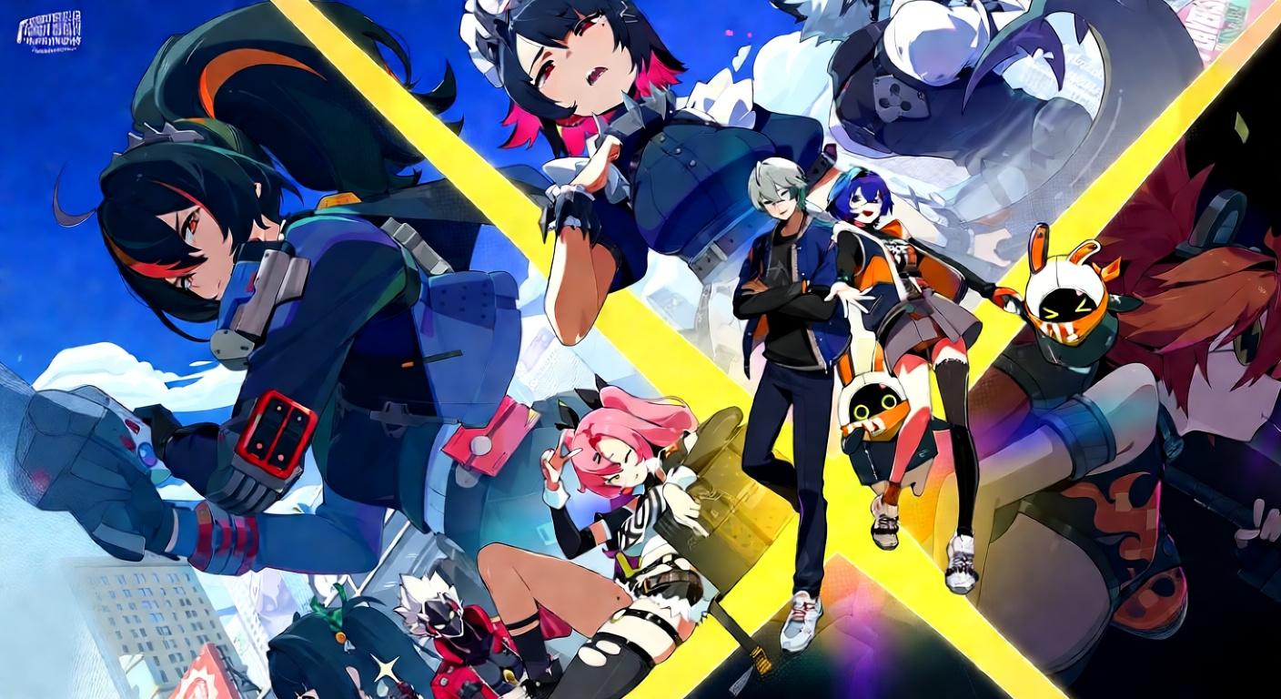 A collage of Zenless Zone Zero characters, including a central male and female character, surrounded by larger, more dynamic poses